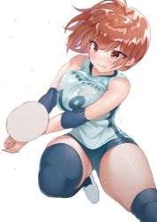 Rule 34 | absurdres, ball, blush, breasts, brown eyes, brown hair, highres, large breasts, sak1023, short hair, short shorts, shorts, simple background, sportswear, sweat, thick thighs, thighhighs, thighs, volleyball, volleyball (object), volleyball uniform, white background