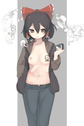 Rule 34 | 1girl, bad id, bad twitter id, black hair, blue pants, body writing, bow, breasts, brown eyes, brown jacket, character name, cigarette, cigarette pack, commentary request, cookie (touhou), cowboy shot, frilled bow, frilled hair tubes, frills, grey background, hair between eyes, hair bow, hair tubes, hakurei reimu, hand in pocket, highres, holding, holding cigarette pack, jacket, long sleeves, looking at viewer, maru (cookie), medium breasts, miyako (naotsugu), navel, nipples, no shirt, open clothes, open jacket, pants, red bow, short hair, simple background, smoking, solo, touhou, two-tone background, white background