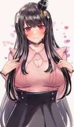 Rule 34 | 1girl, black hair, black skirt, blush, breasts, cleavage, cleavage cutout, closed mouth, clothing cutout, collarbone, fusou (kancolle), hair ornament, heart, highres, kantai collection, large breasts, long hair, long sleeves, miyako (rgrayt), pink shirt, red eyes, shirt, simple background, skirt, smile, solo, upper body, white background