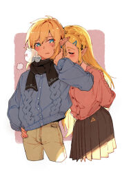Rule 34 | 19 0v0, 1boy, 1girl, absurdres, alternate costume, arms behind back, black scarf, blonde hair, blue eyes, blue sweater, blush, border, braid, brown skirt, buttons, closed eyes, earrings, fingernails, hair between eyes, hair ornament, hairpin, hand on own hip, hand up, highres, jewelry, link, long hair, long sleeves, looking at another, nintendo, open mouth, outside border, pants, pink background, pink sweater, pleated skirt, pocket, pointy ears, princess zelda, puffy long sleeves, puffy sleeves, scarf, short hair, simple background, skirt, standing, steam, sweater, the legend of zelda, turtleneck, turtleneck sweater, white border, yellow pants