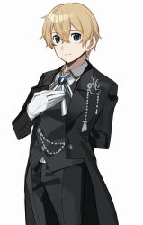 Rule 34 | 1boy, alternate costume, arm behind back, black jacket, black pants, black vest, blonde hair, butler, closed mouth, collared shirt, commentary request, cowboy shot, eugeo, formal, gloves, green eyes, grey ribbon, hair between eyes, hand up, highres, jacket, kochi (wwwkyck), long sleeves, looking at viewer, male focus, neck ribbon, pants, ribbon, shirt, simple background, smile, solo, squinting, sword art online, sword art online: alicization, tailcoat, vest, white background, white gloves, white shirt