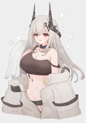 Rule 34 | 1girl, arknights, bare shoulders, black collar, black sports bra, bodysuit, breasts, collar, demon horns, grey background, grey hair, groin, hair ornament, highres, horns, infection monitor (arknights), long hair, looking at viewer, material growth, mudrock (arknights), navel, no panties, open bodysuit, open clothes, oripathy lesion (arknights), red eyes, risshu, simple background, solo, sports bra, stomach, strap slip, white bodysuit