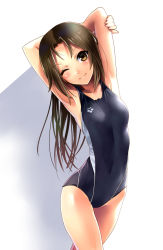 Rule 34 | 1girl, armpits, arms up, blush, brown eyes, brown hair, competition swimsuit, covered navel, cowboy shot, katahira masashi, long hair, looking at viewer, one-piece swimsuit, one eye closed, original, simple background, smile, solo, stretching, swimsuit, white background, wink