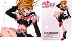 Rule 34 | 1girl, aged up, alternate universe, bike shorts, black footwear, boots, brooch, brown eyes, brown hair, concept art, cure black, earrings, elbow gloves, eyelashes, futari wa precure, gloves, heart, heart brooch, jewelry, legs, magical girl, magical sigepon, md5 mismatch, midriff, miniskirt, misumi nagisa, parody, precure, resolution mismatch, short hair, shorts, shorts under skirt, skirt, source smaller, style parody, thighs, third-party edit, translation request, yes! precure 5