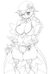 Rule 34 | absurdres, braid, breasts, chastity belt, cleavage, cowboy shot, cupid (monster girl encyclopedia), elakan, greyscale, hair over one eye, heart, heart-shaped pupils, highres, monochrome, monster girl encyclopedia, solo, symbol-shaped pupils