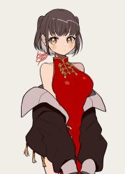 Rule 34 | 1girl, bare shoulders, black jacket, blush, breasts, brown eyes, brown hair, china dress, chinese clothes, cowboy shot, dress, expressionless, highres, jacket, kisaragi yuu (fallen sky), large breasts, off-shoulder jacket, off shoulder, original, red dress, shadow, short hair, signature, simple background, solo, white background