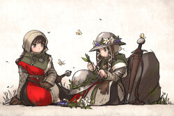 Rule 34 | 2girls, arm support, armor, blush, braid, breasts, brown eyes, brown gloves, brown hair, bug, butterfly, character request, commentary, english commentary, flower, gloves, grass, helmet, highres, insect, ironlily, large breasts, multiple girls, ordo mediare sisters (ironlily), sheath, sheathed, simple background, sitting, smile, sword, unworn gloves, unworn headwear, unworn helmet, weapon, yokozuwari