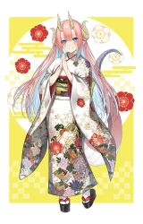 Rule 34 | 1girl, absurdres, blue eyes, blush, chinese zodiac, commentary request, dragon girl, dragon horns, dragon tail, floral print, full body, go-1, highres, horns, japanese clothes, kimono, long hair, looking at viewer, mixed horns, multiple horns, new year, obi, original, own hands together, pink hair, pointy ears, print kimono, sash, smile, socks, solo, standing, tabi, tail, white kimono, white socks, wide sleeves, year of the dragon