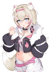 Rule 34 | 1girl, absurdres, animal ears, bandaid, bandaid hair ornament, belt, black collar, black jacket, blonde hair, blue eyes, blush, breasts, collar, cropped jacket, cropped shirt, dog ears, dog girl, dog tail, frilled shorts, frills, fur-trimmed jacket, fur trim, hair ornament, headphones, headphones around neck, highres, hololive, hololive english, jacket, looking at viewer, medium hair, mococo abyssgard, mococo abyssgard (1st costume), multicolored hair, navel, open mouth, pink belt, pink hair, sasaki ikuya, shirt, short shorts, shorts, small breasts, spiked collar, spikes, streaked hair, tail, virtual youtuber, white background, white shirt, white shorts, x hair ornament