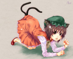 Rule 34 | 1girl, animal ears, brown eyes, brown hair, cat ears, cat girl, cat tail, chen, earrings, female focus, hat, jewelry, jin nai, long sleeves, multiple tails, open mouth, short hair, solo, tail, touhou
