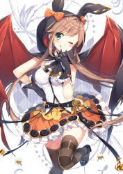 Rule 34 | 10s, 1girl, ;q, animal hood, bat wings, black gloves, blush, bow, breasts, brown hair, cape, clarisse (granblue fantasy), gloves, granblue fantasy, green eyes, hand on own hip, hood, long hair, looking at viewer, masuishi kinoto, medium breasts, navel, one eye closed, rabbit hood, shima (shima je), solo, striped clothes, striped thighhighs, thighhighs, tongue, tongue out, wings