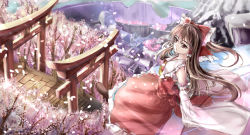 Rule 34 | 1girl, architecture, ascot, bad id, bad pixiv id, bow, brown eyes, brown hair, cherry blossoms, clock, clock tower, damaged, detached sleeves, east asian architecture, flying, hair bow, hair tubes, hakurei reimu, highres, kin toki, leaning back, light frown, light rays, long hair, looking at viewer, mountain, path, road, sarashi, sidelocks, skirt, skirt set, sleeves past wrists, solo, sunbeam, sunlight, torii, touhou, tower, tree, village, wall, watchtower, wind