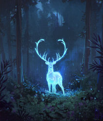 Rule 34 | absurdres, antlers, artist name, commentary, deer, english commentary, forest, glowing, highres, horns, jocelin carmes, looking at viewer, nature, night, no humans, original, outdoors, plant, scenery, tree