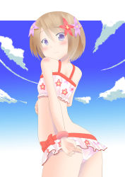 Rule 34 | 10s, 1girl, absurdres, adjusting clothes, adjusting swimsuit, ass, back, bad id, bad pixiv id, bikini, bikini skirt, blanc (neptunia), blue eyes, blush, body blush, bow, bracelet, brown hair, child, cloud, cowboy shot, day, female focus, flat chest, flower, from side, hair flower, hair ornament, hand on own stomach, highres, jewelry, kou (revx27), light smile, looking at viewer, looking back, neptune (series), outdoors, parted bangs, print bikini, short hair, sky, smile, solo, star (symbol), star print, swimsuit, tankini, white bikini