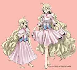 Rule 34 | 1girl, :o, aged up, ahoge, arya-aiedail, barefoot, blonde hair, breast envy, breasts, cleavage, dress, fairy tail, floating hair, full body, green eyes, hair between eyes, hair ornament, large breasts, long dress, long hair, mavis vermilion, neck ribbon, pink background, pink dress, pleated dress, red ribbon, ribbon, short dress, simple background, skirt hold, smile, solo, standing, v-shaped eyebrows, very long hair, watermark, web address