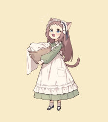 Rule 34 | 1girl, :d, animal ears, apron, basket, black footwear, blue eyes, blush, cat ears, cat girl, cat tail, dress, fang, female focus, full body, goshi-san, green dress, hair ornament, hairclip, highres, holding, holding basket, long hair, maid, maid apron, maid headdress, open mouth, original, shoes, simple background, smile, socks, solo, standing, tail, tareme