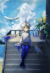 Rule 34 | 1boy, 2others, arm support, belt, bird, black shorts, blonde hair, blue hair, blue pantyhose, blue sky, captain nemo (fate), character request, chinese commentary, closed mouth, cloud, cloudy sky, crossed ankles, cumulonimbus cloud, expressionless, fate/grand order, fate (series), floating hair, green eyes, hat feather, jacket, jiandao shou victory, long sleeves, looking at viewer, low twintails, multiple others, nemo (fate), ocean, outdoors, painterly, pantyhose, pantyhose under shorts, seagull, shade, short shorts, shorts, simple bird, sitting, sitting on stairs, sky, solo focus, stairs, turban, twintails, white headwear, white jacket