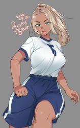 Rule 34 | 1girl, 2020, agawa ryou, artist name, blonde hair, blue eyes, breasts, commentary, dark-skinned female, dark skin, dated, grey background, gym uniform, high-waist shorts, large breasts, long hair, looking down, mature female, open mouth, original, ponytail, shirt tucked in, shorts, signature, simple background, solo