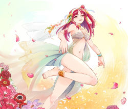 Rule 34 | 1girl, ankle cuffs, anklet, bad id, bad pixiv id, bangle, barefoot, bikini, bracelet, carnation, cherry blossoms, dress, feet, flower, harem outfit, jewelry, long legs, magi the labyrinth of magic, morgiana, nail polish, necklace, omari, ornament, red hair, red nails, see-through, smile, solo, swimsuit, toenail polish, toenails, toes