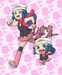 Rule 34 | 1girl, bare legs, beanie, blue eyes, blue hair, blush stickers, breasts, chibi, creatures (company), dawn (pokemon), dual persona, full body, game freak, happy, hat, himouto! umaru-chan, hotsaurus, jumping, looking to the side, nintendo, parody, pink background, pokemon, pokemon dppt, running, scarf, skirt, style parody, translation request
