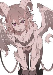 Rule 34 | 1girl, :o, @ @, animal ears, body fur, breasts, brown hair, commentary, commentary request, cosplay, dark young (fate), dark young (fate) (cosplay), fate/grand order, fate (series), fujimaru ritsuka (female), goat ears, goat horns, hair between eyes, hands on own knees, highres, horns, leaning forward, looking at viewer, medium breasts, monster girl, multiple tails, n oel, open mouth, pink eyes, simple background, solo, tail, twitter username, two tails, white background, wings