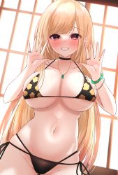 Rule 34 | 1girl, absurdres, balut (7676i), bead bracelet, beads, bikini, black bikini, blonde hair, blush, bracelet, breasts, cleavage, collarbone, commentary request, cowboy shot, earrings, floral print, grin, highres, indoors, jewelry, kitagawa marin, large breasts, looking at viewer, navel, necklace, print bikini, red eyes, smile, solo, sono bisque doll wa koi wo suru, standing, stomach, swimsuit, underboob