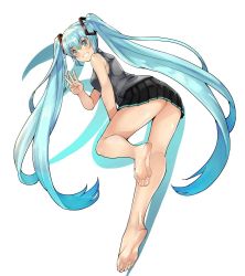Rule 34 | 1girl, aqua hair, ass, bare arms, bare legs, bare shoulders, barefoot, bent over, black skirt, breasts, commentary request, eiji (eiji), feet, foot focus, foreshortening, from behind, grin, hair ornament, hatsune miku, long hair, looking at viewer, looking back, pleated skirt, simple background, skirt, sleeveless, small breasts, smile, solo, twintails, very long hair, vocaloid, w, white background