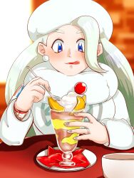Rule 34 | 1girl, blue eyes, breasts, cherry, creatures (company), cup, dynamax band, earrings, food, fruit, fur hat, fur scarf, game freak, glass, hat, highres, holding, holding spoon, jewelry, large breasts, long hair, long sleeves, mature female, melony (pokemon), multicolored hair, nintendo, pearl earrings, pokemon, pokemon swsh, ring, scarf, solo, spoon, streaked hair, sucm7547, sweater, upper body, ushanka, wedding ring, white scarf, white sweater