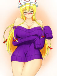 Rule 34 | 1girl, alternate costume, bad id, bad pixiv id, bare shoulders, bespectacled, blonde hair, bottomless, bow, breast hold, breasts, cleavage, collarbone, cowboy shot, curvy, dress, glasses, gradient background, hair bow, hat, hat ribbon, highres, lactone, large breasts, legs, light smile, long hair, long sleeves, looking at viewer, mob cap, naked shirt, naked sweater, no bra, off shoulder, orange background, patterned background, red-framed eyewear, ribbed sweater, ribbon, semi-rimless eyewear, shirt, sidelocks, sleeves past wrists, smile, solo, standing, sweater, sweater dress, thick thighs, thighs, touhou, under-rim eyewear, very long hair, wide hips, yakumo yukari, yellow eyes