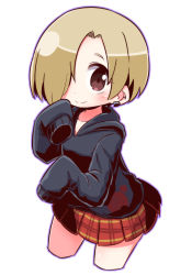 Rule 34 | 1girl, black hoodie, blush, brown eyes, closed mouth, collarbone, commentary request, cropped legs, ear piercing, earrings, hair over one eye, hands up, hood, hood down, hoodie, idolmaster, idolmaster cinderella girls, jewelry, light brown hair, long sleeves, naga u, piercing, plaid, plaid skirt, pleated skirt, purple outline, red skirt, shirasaka koume, simple background, skirt, sleeves past fingers, sleeves past wrists, smile, solo, white background