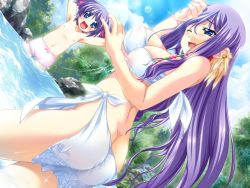 Rule 34 | 2girls, age difference, bikini, blue eyes, breasts, game cg, koihime musou, kouchuu, large breasts, long hair, mother and daughter, multiple girls, purple hair, riri, short hair, smile, swimsuit, topless, very long hair, wink