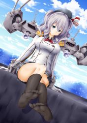 Rule 34 | 10s, 1girl, beret, black socks, blue eyes, cannon, epaulettes, feet, frilled sleeves, frills, gloves, hat, highres, kantai collection, kashima (kancolle), kneehighs, kuria (clear trip second), machinery, military, military uniform, miniskirt, ocean, pleated skirt, silver hair, sitting, skirt, smile, socks, solo, sparkle, twintails, uniform, water, wavy hair, white gloves