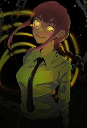 Rule 34 | 1girl, absurdres, arms behind back, black necktie, black pants, blunt bangs, braid, braided ponytail, breasts, chain, chainsaw man, closed mouth, collared shirt, cowboy shot, dark, floating hair, formal, glowing, glowing eyes, head tilt, high-waist pants, highres, isaacchief300, lips, long sleeves, looking at viewer, makima (chainsaw man), medium breasts, necktie, paint splatter, pants, pink hair, ringed eyes, shirt, shirt tucked in, sidelocks, solo, spiral, standing, unmoving pattern, white shirt, yellow eyes