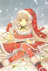 Rule 34 | 00s, 1girl, :o, bell, belt, blonde hair, boots, brown eyes, capelet, chii, chobits, choker, christmas, clamp, confetti, fur trim, gloves, hat, holly, long hair, looking at viewer, off shoulder, pom pom (clothes), red footwear, red gloves, red thighhighs, ribbon, robot ears, santa boots, santa costume, santa hat, snow, snowing, solo, thighhighs, yellow eyes