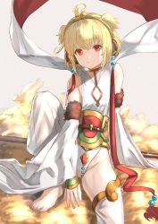 Rule 34 | 1girl, andira (granblue fantasy), animal ears, barefoot, blonde hair, closed mouth, commentary request, detached leggings, detached sleeves, dress, earrings, fur trim, granblue fantasy, highres, jewelry, knee up, leotard, looking at viewer, monkey ears, red eyes, revision, sash, short hair, sitting, smile, solo, toenails, wasabi60, white dress, white leotard