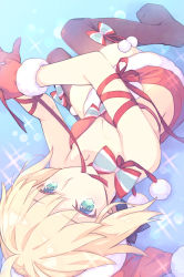 Rule 34 | 1girl, ahoge, alternate costume, artoria pendragon (all), artoria pendragon (fate), bare shoulders, black thighhighs, blonde hair, blue eyes, bra, breasts, christmas, commentary, fate/grand order, fate (series), fur-trimmed gloves, fur-trimmed skirt, fur trim, gloves, highres, looking at viewer, lying, miniskirt, mouth hold, no shoes, on back, pom pom (clothes), red bra, red gloves, red ribbon, red skirt, ribbon, ribbon in mouth, saber (fate), saipaco, short hair, skirt, small breasts, solo, thighhighs, underwear, upside-down