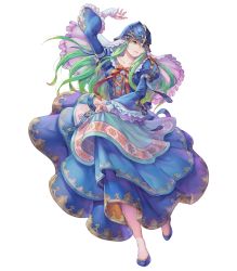 Rule 34 | 1girl, armor, blue footwear, breasts, collarbone, detached sleeves, dress, fire emblem, fire emblem: path of radiance, fire emblem heroes, frills, full body, green hair, haccan, helmet, highres, long hair, medium breasts, nephenee, nintendo, non-web source, official art, puffy sleeves, shoes, solo, transparent background, veil, wide sleeves
