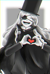 Rule 34 | :d, black hat, closed eyes, eyepatch, facing viewer, grey background, haiki gas circle, hat, heart, heart hands, heart in heart hands, highres, hiyoriel (mo), licht (haiki gas circle), long hair, long sleeves, open mouth, single gloves, smile, solo, spot color, top hat