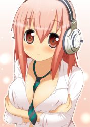 Rule 34 | 1girl, between breasts, blush, breast hold, breasts, cleavage, clothes between breasts, dress shirt, headphones, large breasts, light smile, long hair, minami (colorful palette), necktie, nitroplus, open clothes, open shirt, pink hair, red eyes, shirt, smile, solo, striped, super sonico
