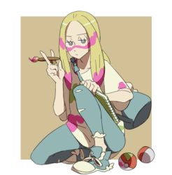 Rule 34 | 1girl, :/, bag, between fingers, blonde hair, blue footwear, blue pants, bright pupils, closed mouth, collarbone, creatures (company), eyelashes, facepaint, full body, game freak, gguinep, grey eyes, half-closed eyes, highres, holding, jewelry, kneeling, long hair, looking at viewer, low ponytail, mina (pokemon), nintendo, notebook, oversized clothes, oversized shirt, paint, paintbrush, pants, poke ball, pokemon, pokemon sm, ring, shirt, shoes, short sleeves, sidelocks, sneakers, solo, strap, tank top, torn clothes, torn pants, trial captain, v, white shirt