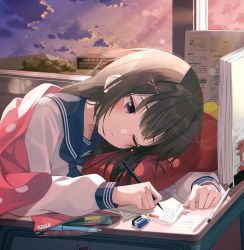 Rule 34 | 1girl, bad id, bad twitter id, blanket, blue sailor collar, blunt bangs, brown hair, building, chair, classroom, closed mouth, cloud, commentary request, desk, eraser, evening, hair ornament, head on pillow, highres, hill, holding, holding pencil, indoors, kanzi, long sleeves, marker, mechanical pencil, notebook, one eye closed, original, pencil, pencil case, pillow, red eyes, ruler, sailor collar, school chair, school desk, school uniform, serafuku, shirt, sitting, sky, solo, textbook, tree, uniform, white shirt, window, writing, x hair ornament