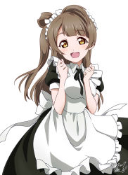 Rule 34 | 10s, 1girl, :d, apron, black ribbon, brown hair, cafe maid (love live!), clenched hands, dated, dress, frilled apron, frills, highres, long hair, looking at viewer, love live!, love live! school idol project, maid headdress, minami kotori, neck ribbon, one side up, open mouth, ribbon, short sleeves, signature, simple background, smile, solo, takeya yuuki, white background, wonder zone, yellow eyes