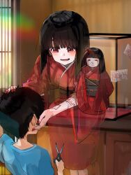 Rule 34 | 1boy, 1girl, blood, bloody tears, blunt bangs, blush, bob cut, breasts, commentary, doll, fangs, funi mu9, ghost, haunted doll, holding, holding scissors, japanese clothes, kimono, obi, original, pale skin, petting, red eyes, red kimono, red nails, sash, scissors, small breasts, smile, talisman, wide sleeves