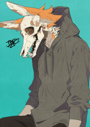 Rule 34 | 1boy, absurdres, animal ears, animal skull, aqua background, black pants, bone, commentary request, drawstring, eye socket, fangs, fox boy, fox ears, furry, furry male, highres, hood, hood down, hoodie, male focus, original, pants, signature, simple background, sitting, skull, skull head, solo, tomochiso