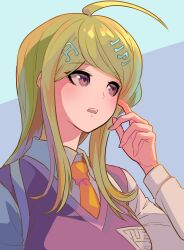 Rule 34 | 1girl, absurdres, ahoge, akamatsu kaede, breasts, collared shirt, d:, danganronpa (series), danganronpa v3: killing harmony, fortissimo, grey background, hair ornament, hand up, highres, large breasts, long hair, long sleeves, musical note, musical note hair ornament, necktie, open mouth, orange necktie, pink eyes, pink sweater vest, shirt, solo, sweater vest, teeth, upper teeth only, white background, white shirt, youko-shima