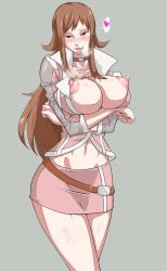 Rule 34 | 1girl, akana rui, belt, blush, breasts, breasts squeezed together, brown hair, chousoku henkei gyrozetter, covered erect nipples, female focus, green eyes, heart, highres, large breasts, long hair, looking at viewer, naughty face, nipples, no bra, simple background, skirt, solo, standing, steam, sweat, thighhighs, tongue, tongue out, uya (yurukah)