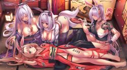 Rule 34 | 4girls, abs, absurdres, ak-12 (girls&#039; frontline), ak-15 (girls&#039; frontline), an-94 (girls&#039; frontline), anal tail, animal ears, bell, blonde hair, blue eyes, body markings, bottle, breasts, butt plug, chest sarashi, chinese clothes, chinese commentary, chinese new year, cleavage, closed eyes, collarbone, comb, cup, dated, fake animal ears, fake tail, girls&#039; frontline, grey hair, hair ornament, hair ribbon, headband, high ponytail, highres, holding, holding another&#039;s hair, lantern, large breasts, long hair, lying, multiple girls, navel, neck bell, parted lips, purple eyes, rabbit ears, ribbon, rpk-16 (girls&#039; frontline), sakazuki, sake bottle, sarashi, short hair, shoulder tattoo, sitting, small breasts, smile, tail, tattoo, thighhighs, xlscaler