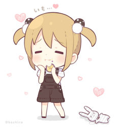 Rule 34 | 1girl, = =, black footwear, black shorts, blonde hair, blush, chibi, closed eyes, closed mouth, cookie, eating, food, food on face, full body, hair bobbles, hair ornament, hand on own cheek, hand on own face, hands up, heart, holding, holding food, kon hoshiro, looking at viewer, original, shirt, short hair, short sleeves, short twintails, shorts, sidelocks, solo, striped clothes, striped shirt, suspender shorts, suspenders, translation request, twintails, twitter username, white shirt