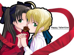 Rule 34 | 00s, 2girls, artoria pendragon (all), artoria pendragon (fate), candy, chocolate, chocolate heart, fate/stay night, fate (series), female focus, food, green eyes, happy valentine, heart, interlocked fingers, inue shinsuke, long sleeves, lowres, multiple girls, saber (fate), shared food, simple background, tohsaka rin, two side up, valentine, white background, yuri
