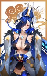 1girl artist_name blue_hair breasts collarbone crescent crescent_hair_ornament detached_sleeves dragon_girl dyarikku gloves hair_ornament hair_over_one_eye halo highres horns indie_virtual_youtuber japanese_clothes kimono large_breasts long_hair looking_at_viewer red_eyes smile solo star_(symbol) star_hair_ornament tail thighhighs vienna_(vtuber) vienna_(vtuber)_(4th_costume) virtual_youtuber